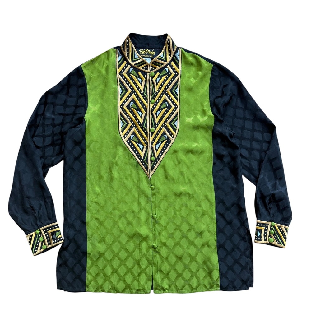 Bob Mackie Wearable Art‎ Silk Blouse Embroidered Geometric Green Black Small